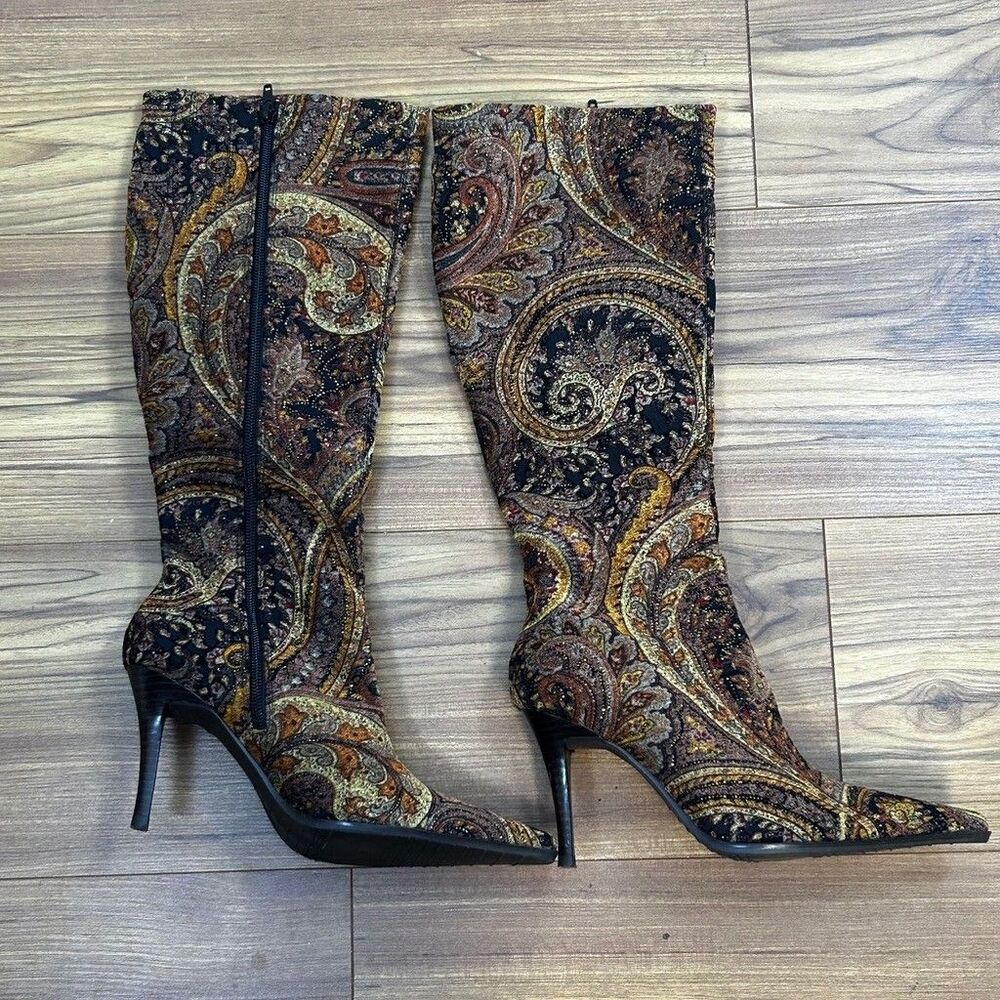 Vintage Paisley Tapestry Knee High Boots Womens Pointed Toe Stiletto Heel